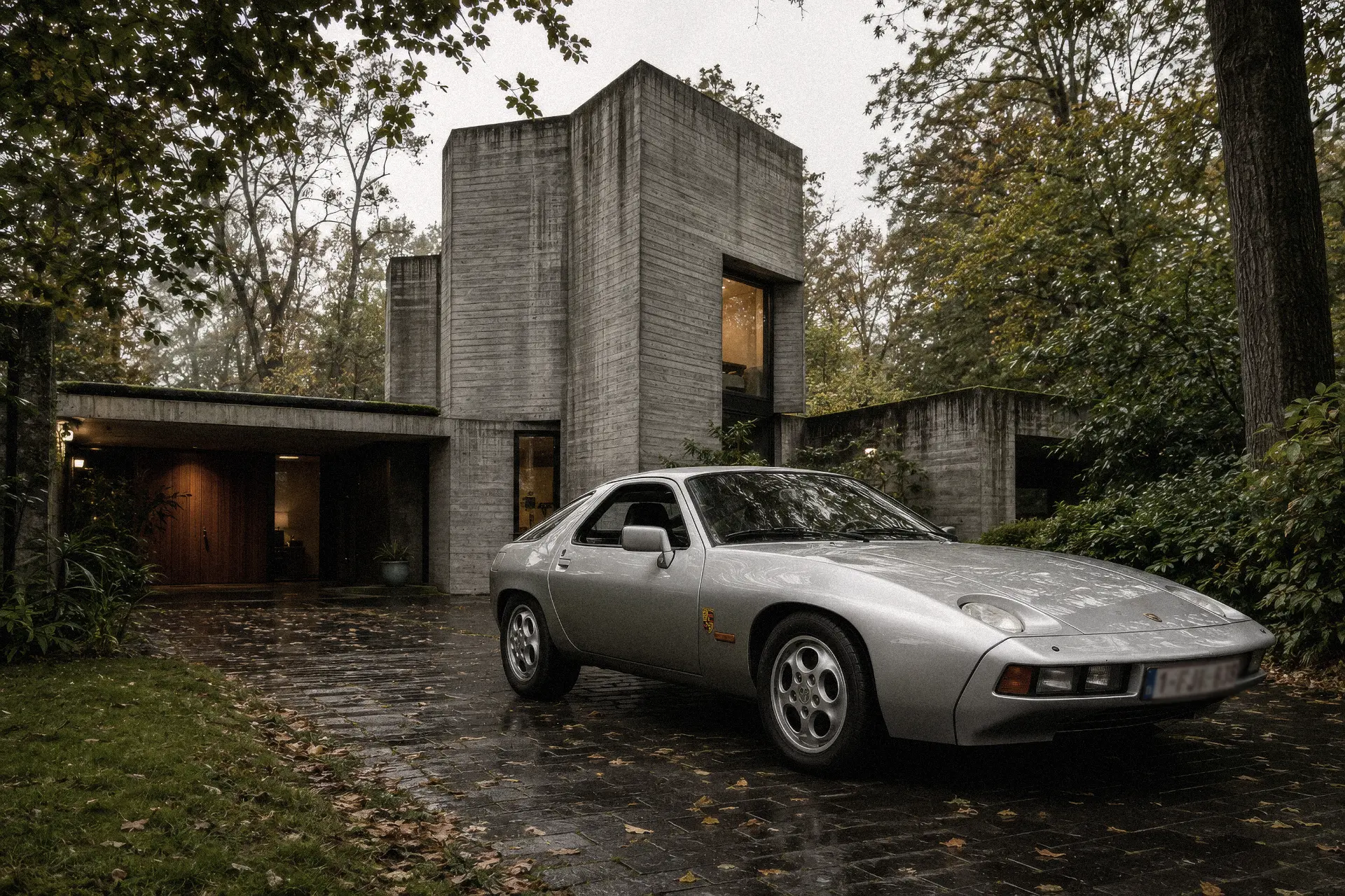 Silver 1979 Porsche 928 on wet cobbles in front of a board-formed concrete house in Belgium